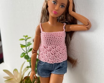 Crochet Tank Top - 11.5” 1/6 Scale Fashion Doll - Babydoll Tank Top - Barbie - PETITE SIZE - Baby Pink - for Play or Doll Photography