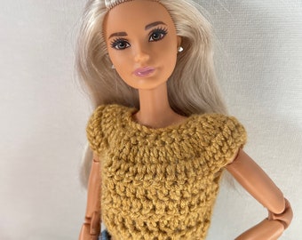 Crochet Doll Sweater - 11.5” 1/6 Scale Doll Cropped Sweater  - Barbie - Fits All Body Styles - Mustard Yellow - for Doll Photography