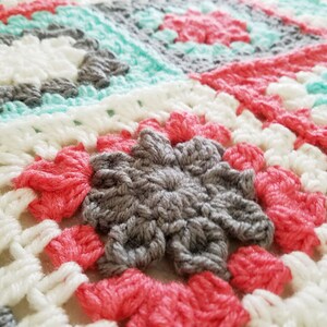 Retro Granny's Flower Baby Afghan Granny Square Blanket Coral Mint Grey Baby Blanket Throw Blanket Nursery Decor Baby Newborn image 5