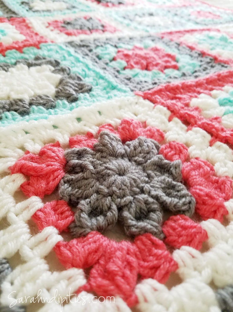 Retro Granny's Flower Baby Afghan Granny Square Blanket Coral Mint Grey Baby Blanket Throw Blanket Nursery Decor Baby Newborn image 5