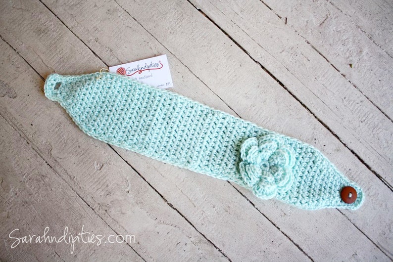 Wide Crochet Boho Headband with Large Flower Soft Green Mint image 2