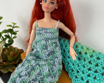 Crochet Sun Dress - 11.5” 1/6 Scale Fashion Doll Dress - Barbie - Petite/Regular Body Style - Multi Blue Green for Play or Doll Photography