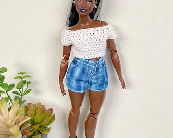 Crochet Doll Shirt - 11.5” 1/6 Scale Fashion Doll Crop Sweater - Barbie - CURVY Body Style - White Plain - for Play or Doll Photography