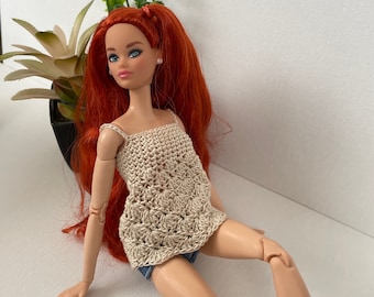 Crochet Doll Tank - 11.5” 1/6 Scale Doll Flare Babydoll Tank Top  - Barbie - Fits All Body Styles - Cream Natural - for Doll Photography