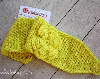 Wide Crochet Boho Headband with Large Flower - Lemon Yellow