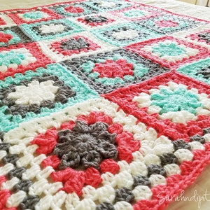 Retro Granny's Flower Baby Afghan Granny Square Blanket Coral Mint Grey Baby Blanket Throw Blanket Nursery Decor Baby Newborn image 1