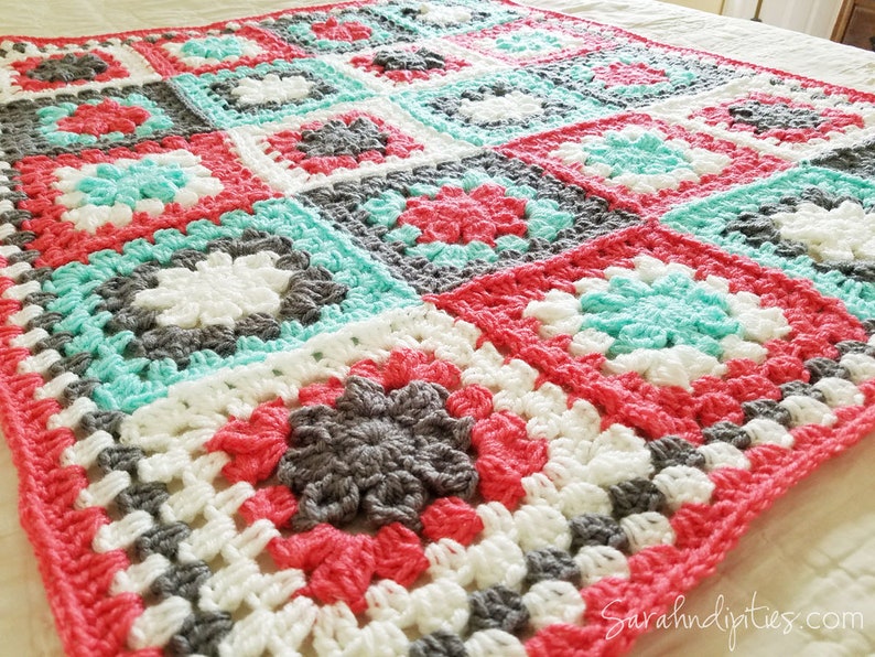 Retro Granny's Flower Baby Afghan Granny Square Blanket Coral Mint Grey Baby Blanket Throw Blanket Nursery Decor Baby Newborn image 1