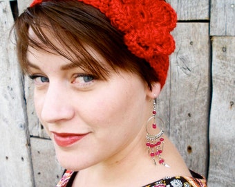 Crochet Boho Headband with Large Flower - Red