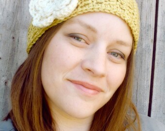 Wide Crochet Headband with Flower - You Choose Colors