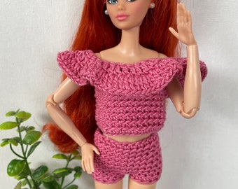 Crochet Doll Cropped Ruffle Top and Shorts - 11.5” 1/6 Scale Doll - Barbie - Fits All Body Styles - Rose Pink - for Doll Photography