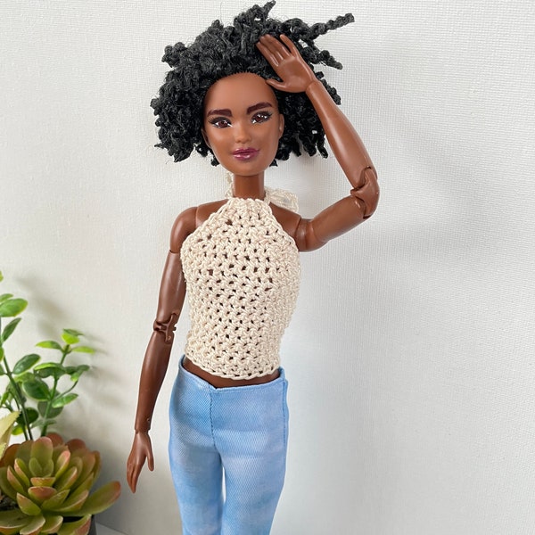 Crochet Doll Tank Top - 11.5” 1/6 Scale Doll Halter Top - Barbie - Fits All Body Styles - Cream Natural - for Play or Doll Photography