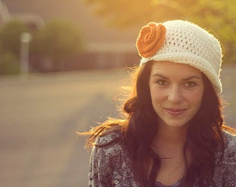 Women's Crochet Flapper Hat  - Vintage 1920's Style Hat - Cloche Style Flapper Hat with Brim - Great Gatsby - Crochet Cancer Hat - Flower