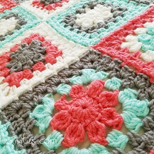 Retro Granny's Flower Baby Afghan Granny Square Blanket Coral Mint Grey Baby Blanket Throw Blanket Nursery Decor Baby Newborn image 6