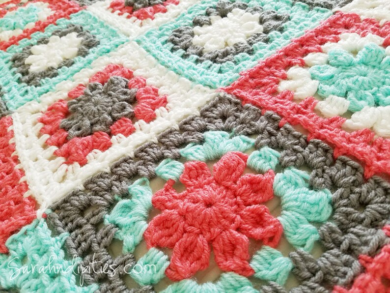 Retro Granny's Flower Baby Afghan Granny Square Blanket Coral Mint Grey Baby Blanket Throw Blanket Nursery Decor Baby Newborn image 6