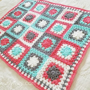 Retro Granny's Flower Baby Afghan Granny Square Blanket Coral Mint Grey Baby Blanket Throw Blanket Nursery Decor Baby Newborn image 3