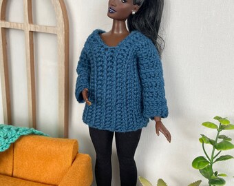 Crochet Doll Sweater - 11.5” 1/6 Scale Doll Dress - Barbie - Tall Petite Curvy or Regular Body Style - Navy Teal Blue - for Doll Photography