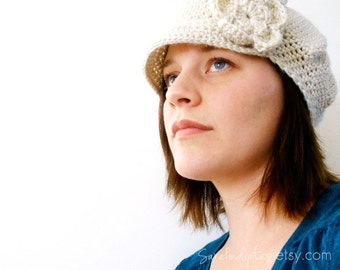 Crochet Newsboy Hat with Flower - INSTANT DOWNLOAD - Crochet Pattern PDF