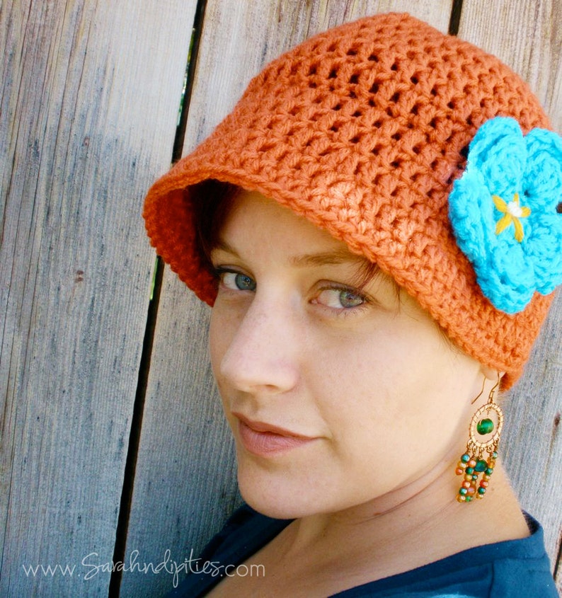 Women's Crochet Flapper Hat Crochet Cloche Hat Vintage 1920's Style Crochet Flapper Hat with Brim Large Flower You Choose Colors image 1