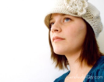 Custom Women's Crochet Newsboy Hat with Flower - Custom Colors -  You Choose - Newsie Hat - Hats with Brims - Cancer Hat - Cute - Porkpie