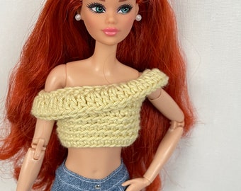 Crochet Cropped Ruffle Top - 11.5” 1/6 Scale Fashion Doll - Barbie - Fits All Body Styles - Butter Yellow - for Play or Doll Photography