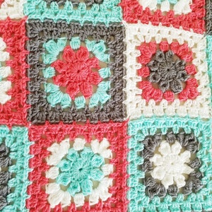 Retro Granny's Flower Baby Afghan Granny Square Blanket Coral Mint Grey Baby Blanket Throw Blanket Nursery Decor Baby Newborn image 2