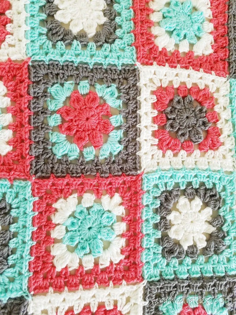 Retro Granny's Flower Baby Afghan Granny Square Blanket Coral Mint Grey Baby Blanket Throw Blanket Nursery Decor Baby Newborn image 2