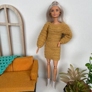 Crochet Doll Dress - 11.5” 1/6 Scale Dress - Fashion Doll - Petite, Regular, Curvy Body Style - Mustard Ochre Yellow - for Doll Photography