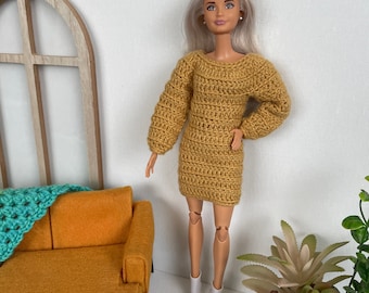 Crochet Doll Dress - 11.5” 1/6 Scale Doll Dress - Barbie - Petite, Regular, Curvy Body Style - Mustard Ochre Yellow - for Doll Photography