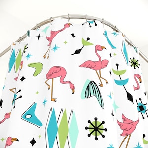 Mid-Century Flamingo Duschvorhang: Retro Tropisches Baddekor