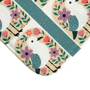 Whimsical Seagull Bath Mat, Bathroom Decor, Cute Shower Accessories, Scandinavian Bird Bath Mat, Coastal Bird Bath Mat,  Floral Bath Mat