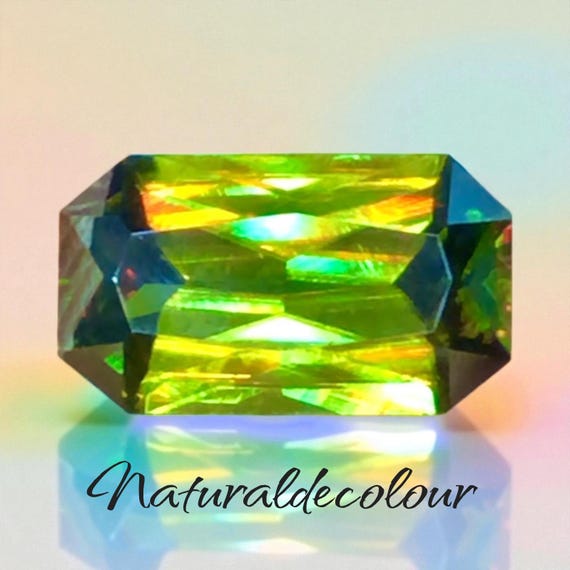 Vivid Chrome Sphene Gemstone, Rare Neon Green Yellow Faceted Titanite, High Fire Dispersion, Collectible jewelry Stone, Emerald Cut 2.05CT
