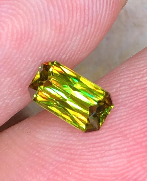 Vibrant Chrome Sphene Gemstone – Green-Yellow Faceted Emerald Cut, High Dispersion Titanite, Natural Collector Gem for Custom Jewelry 0.85CT