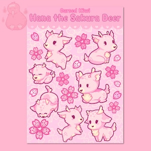 Hana le cerf Sakura | Feuilles d'autocollants kawaii de la série Cerisiers en fleurs de cerf mignon