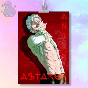 May include: A digital art print featuring a character with white hair, glowing red eyes, and a pale complexion, wearing a white shirt pulled up to reveal a muscular torso. The background is deep red with the text "ASTARION" and "ANCUN" in red.