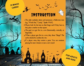 Tarjetas de bingo de Halloween imprimibles / Juego de fiesta espeluznante para la familia y el aula / Descarga instantánea