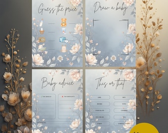 Juego imprimible para revelar el género del bebé con temática floral azul / Juegos para fiestas de baby shower / Mason