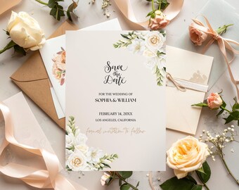 Invitaciones editables de Canva para guardar la fecha, imprimibles en beige neutro / Rubí