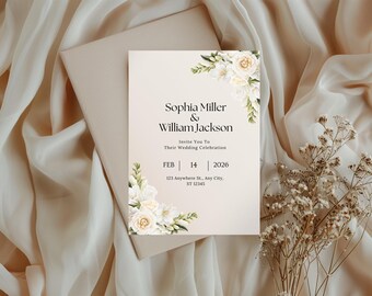 Plantilla elegante de invitación de boda con rosas blancas / Paquete imprimible de Canva (descarga digital) / Ruby