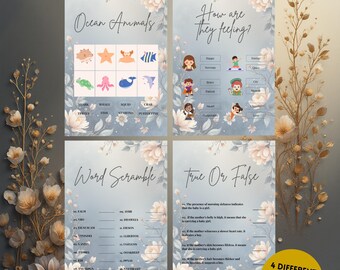 Juego imprimible para revelar el género del bebé con temática floral azul / Juegos para fiestas de baby shower / Mason