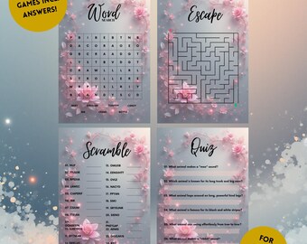 Paquete de juegos para baby shower con flores rosas: Sopa de letras, laberinto y cuestionario (descarga digital) / Kae