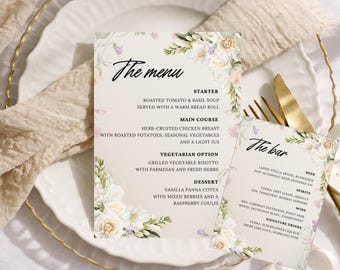 Wedding Menu Template, Beige Floral Card, Elegant Printable Reception Menu | Melrose