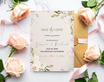 Tarjeta imprimible con diseño floral para guardar la fecha de boda / Boda romántica moderna / Melrose