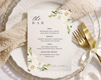 Plantilla editable de menú de boda y letrero de bar en Canva / Imprimible floral para boda / Ruby