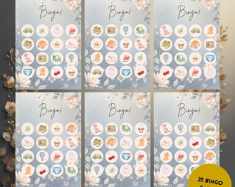 Bingo imprimible con flores azules para revelar el género / 35 tarjetas de bingo para baby shower y hojas para cantar / Mason