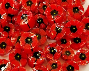 Red Poppy Murrini Slices, Bullseye Glass, COE 90, Murrine, Milliefiore, Ready to Post, UK Seller, 25g/0.9oz