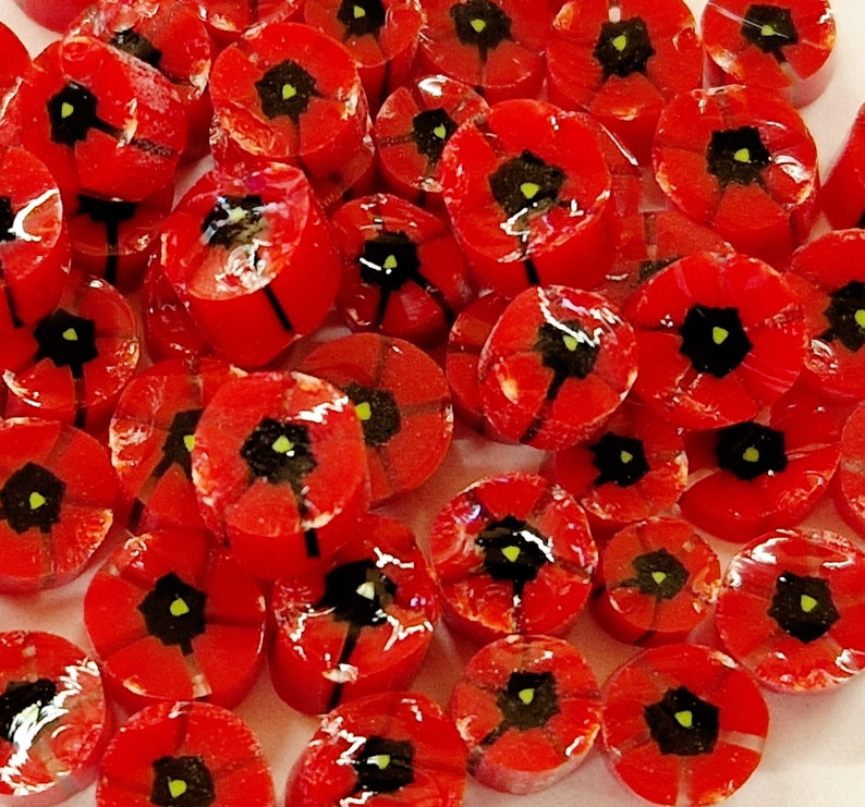 Red Poppy Murrini Slices, Bullseye Glass, COE 90, Murrine, Milliefiore, Ready to Post, UK Seller, 25g/0.9oz image 1