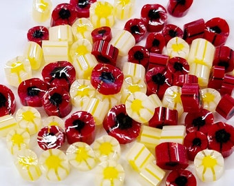 Red Poppy & White Daisy Murrini Mix Slices, Bullseye Glass, COE 90, Murrine, Milliefiore, Ready to Post, UK Seller, 25g/0.9oz