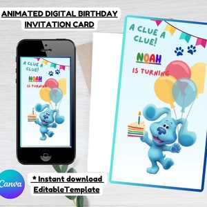 Digitale verjaardagskaart Blue's Clues| Blue's Clues geanimeerde uitnodigingskaart| Bewerkbare sjabloon| Direct downloaden| Canvassjabloon| Blue's Party