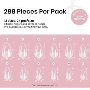 May include: Clear, pre-numbered nail tips in 12 sizes, 24 pieces per size, totaling 288 pieces per pack. Each tip is measured in millimeters. The image includes the text "Cost-Effective".