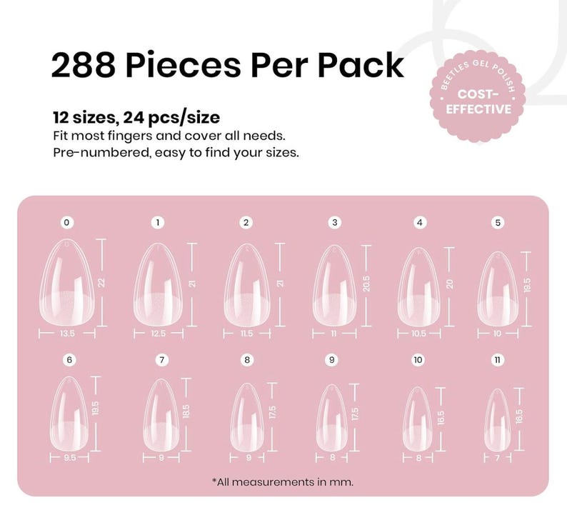 May include: Clear, pre-numbered nail tips in 12 sizes, 24 pieces per size, totaling 288 pieces per pack. Each tip is measured in millimeters. The image includes the text "Cost-Effective".